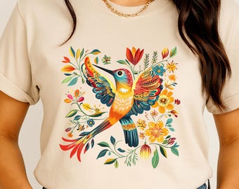 Camiseta de colibrí para mujer, camiseta floral de colibrí, regalo para amantes de las aves, camiseta estilo cottagecore, regalo de naturaleza para ella, sudadera colorida de colibrí