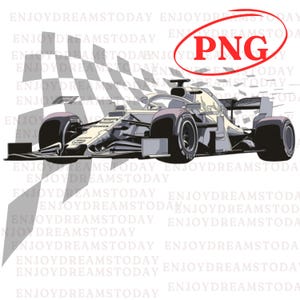 May include: A grayscale illustration of a Formula 1 race car, with a checkered flag in the background. The image includes the text "PNG" inside a red oval. The car is detailed with visible tires, spoilers, and sponsor logos.