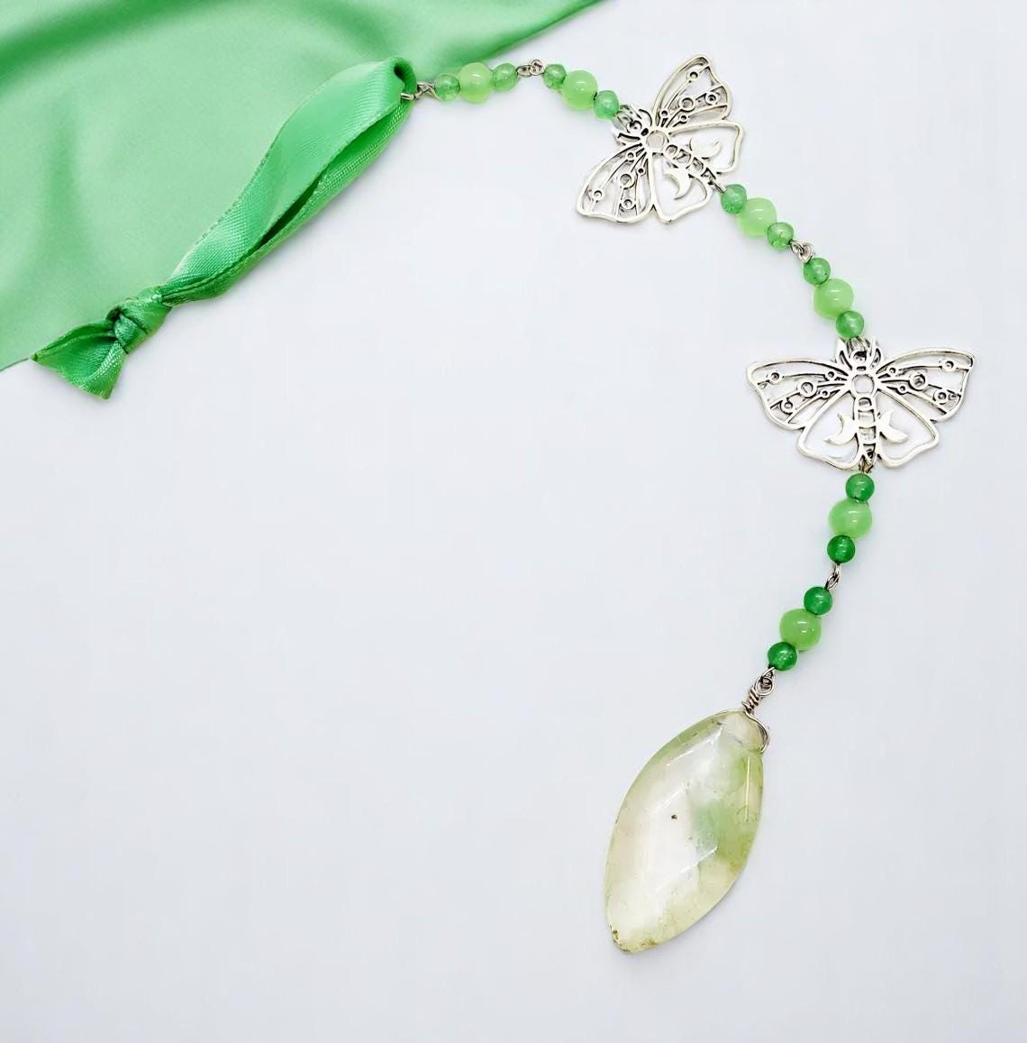 Beaded Green Gem Hanging Crystal Prism Suncatcher, Patio Decor, Garden Decor, Crystal Sun Catcher, Garden Art, Window Prism, Outdoor Decor