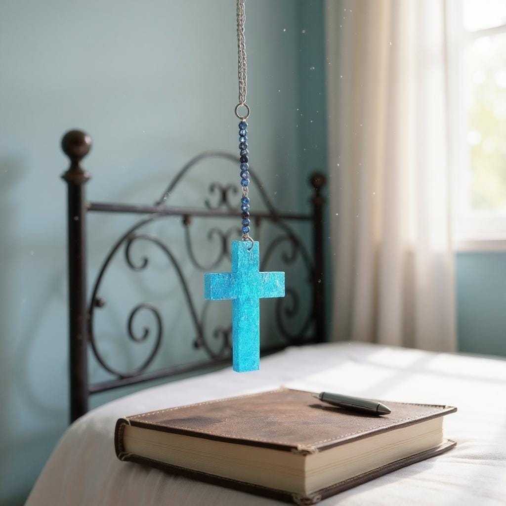 Wooden Blue Christian Cross & Gemstone Hanging Rearview Mirror Car Charm - Car Decor, Cute Car Accessories, Car Decoration, Car Gifts - Thumbnail 6