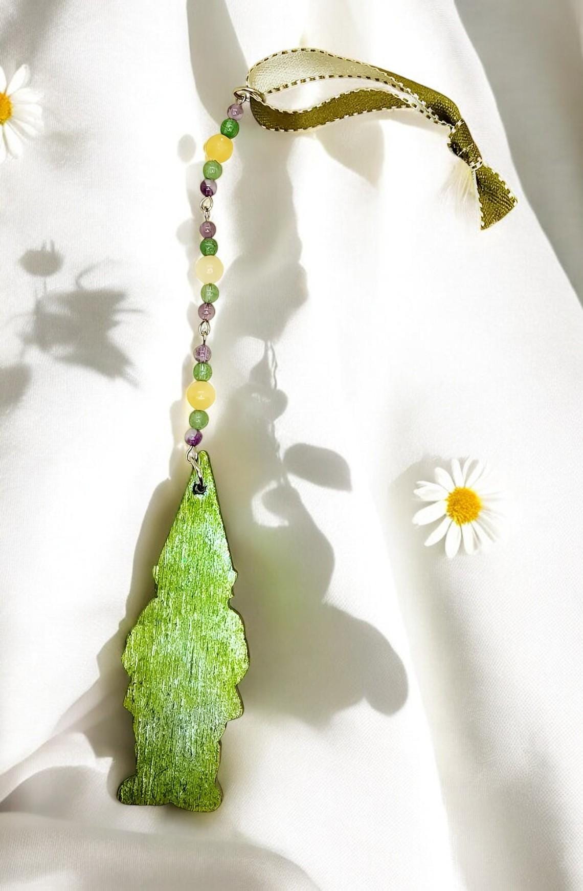Handcrafted Gemstone Beaded Gnome Ornament, Whimsical Spring Decor, Outdoor Tree Decoration, Garden Decor, Garden Gnome Decor, Gardener Gift