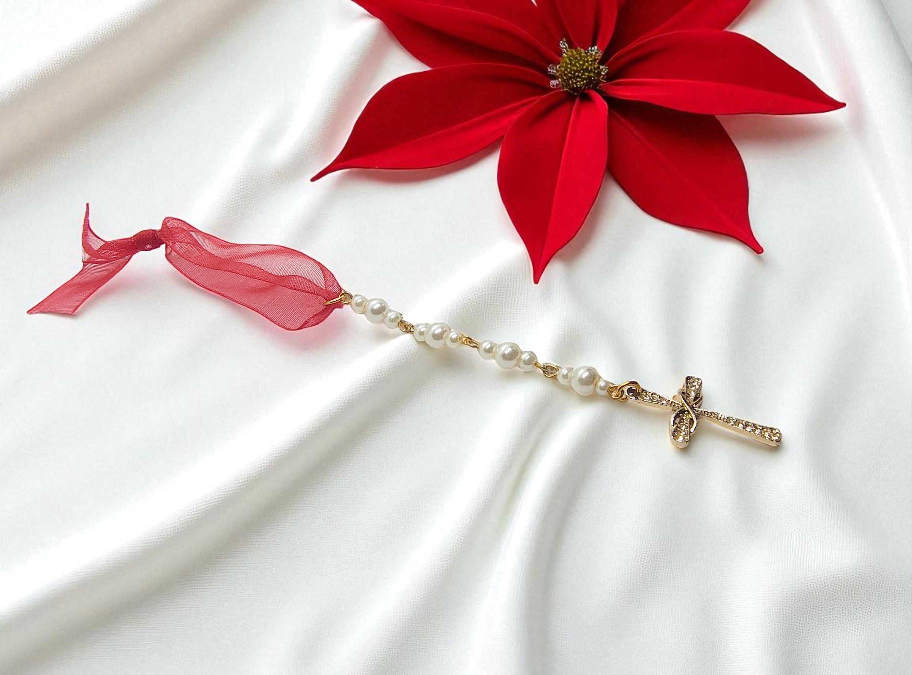 Christian Cross Pearl Beaded Icicle Ornament, Christian Gifts, Religious Gift, Handmade Christmas Ornament, Pastor Gift, Baptism Gift - Thumbnail 2