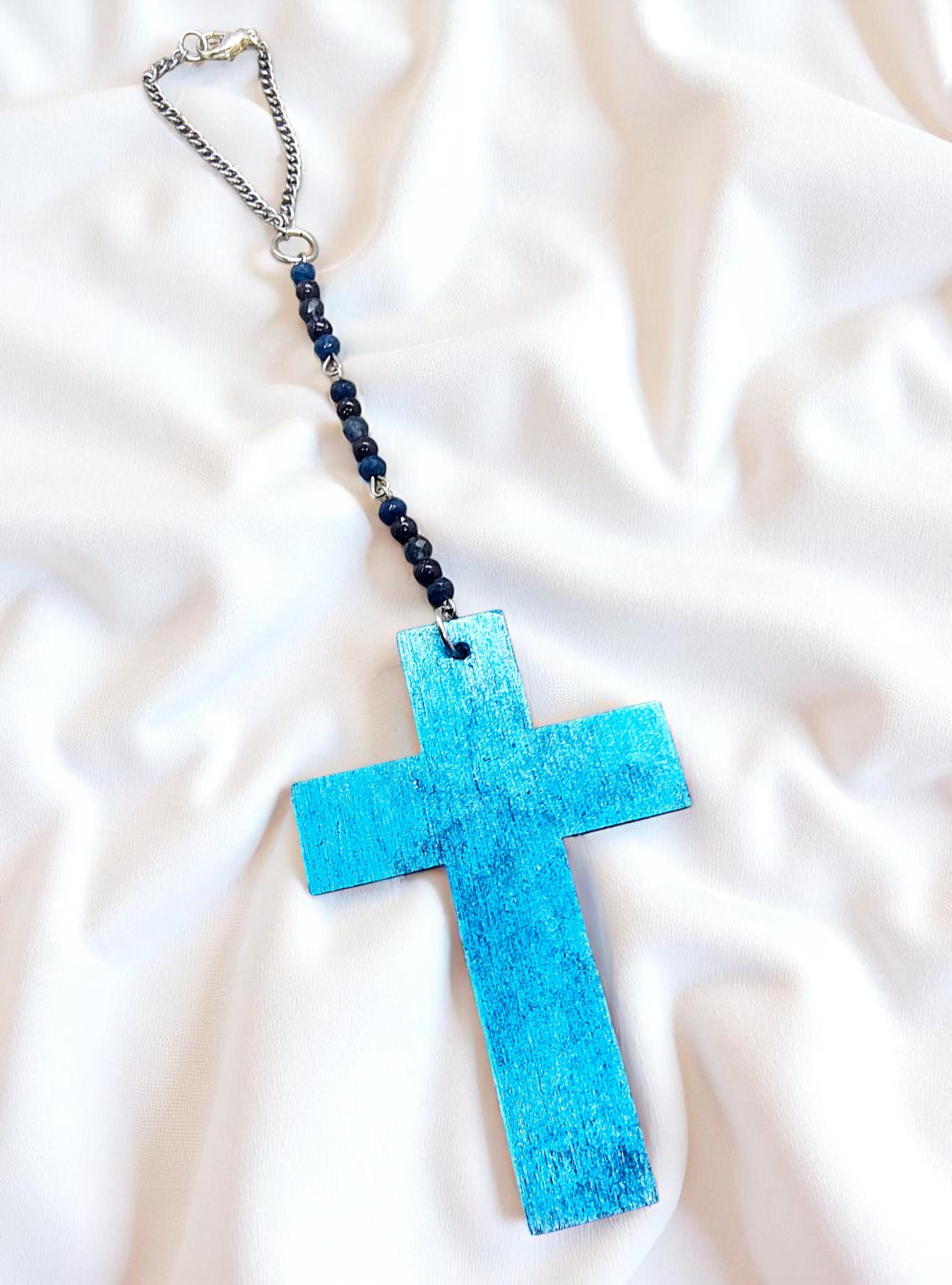 Wooden Blue Christian Cross & Gemstone Hanging Rearview Mirror Car Charm - Car Decor, Cute Car Accessories, Car Decoration, Car Gifts - Thumbnail 3