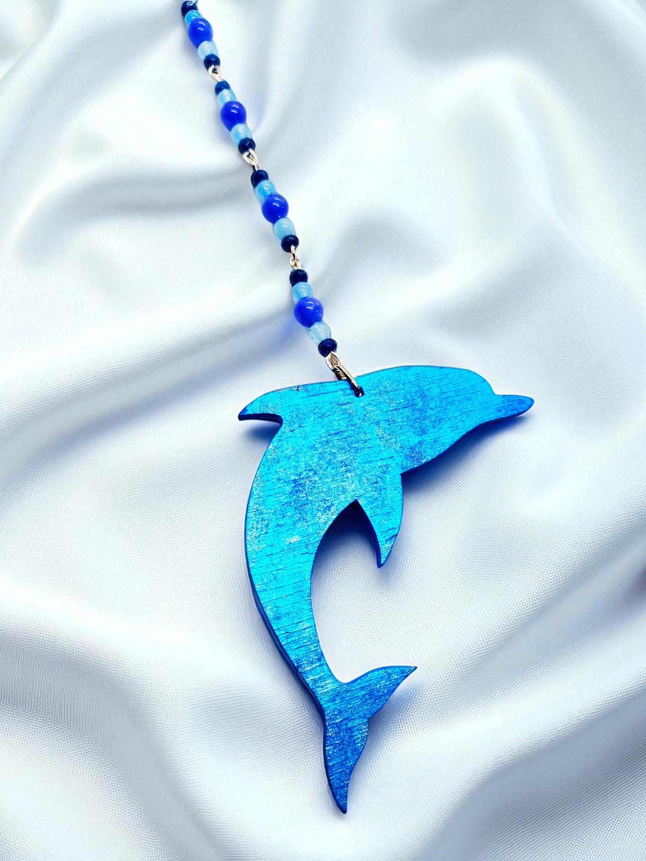 Summer Dolphin Beaded Gemstone Hanging Rearview Mirror Car Charm, Car Decor, Cute Car Accessories, Car Decoration, Car Gifts, Summer Decor - Thumbnail 3