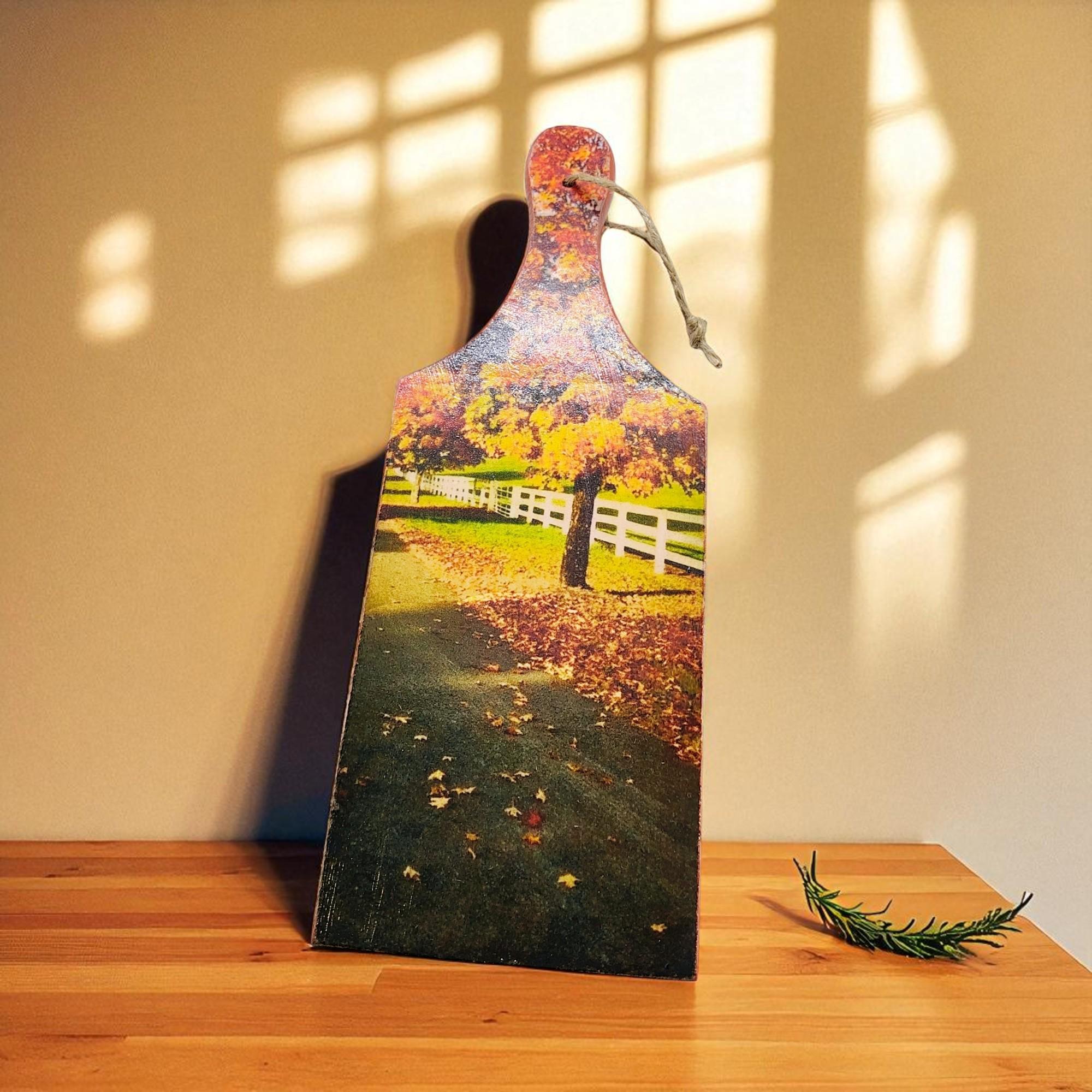 Small Wooden Autumn Scene Cutting Board - Fall Kitchen Decor, Decorative Cutting Board, Housewarming Gift, Seasonal Home Decor, Charcuterie - Thumbnail 4