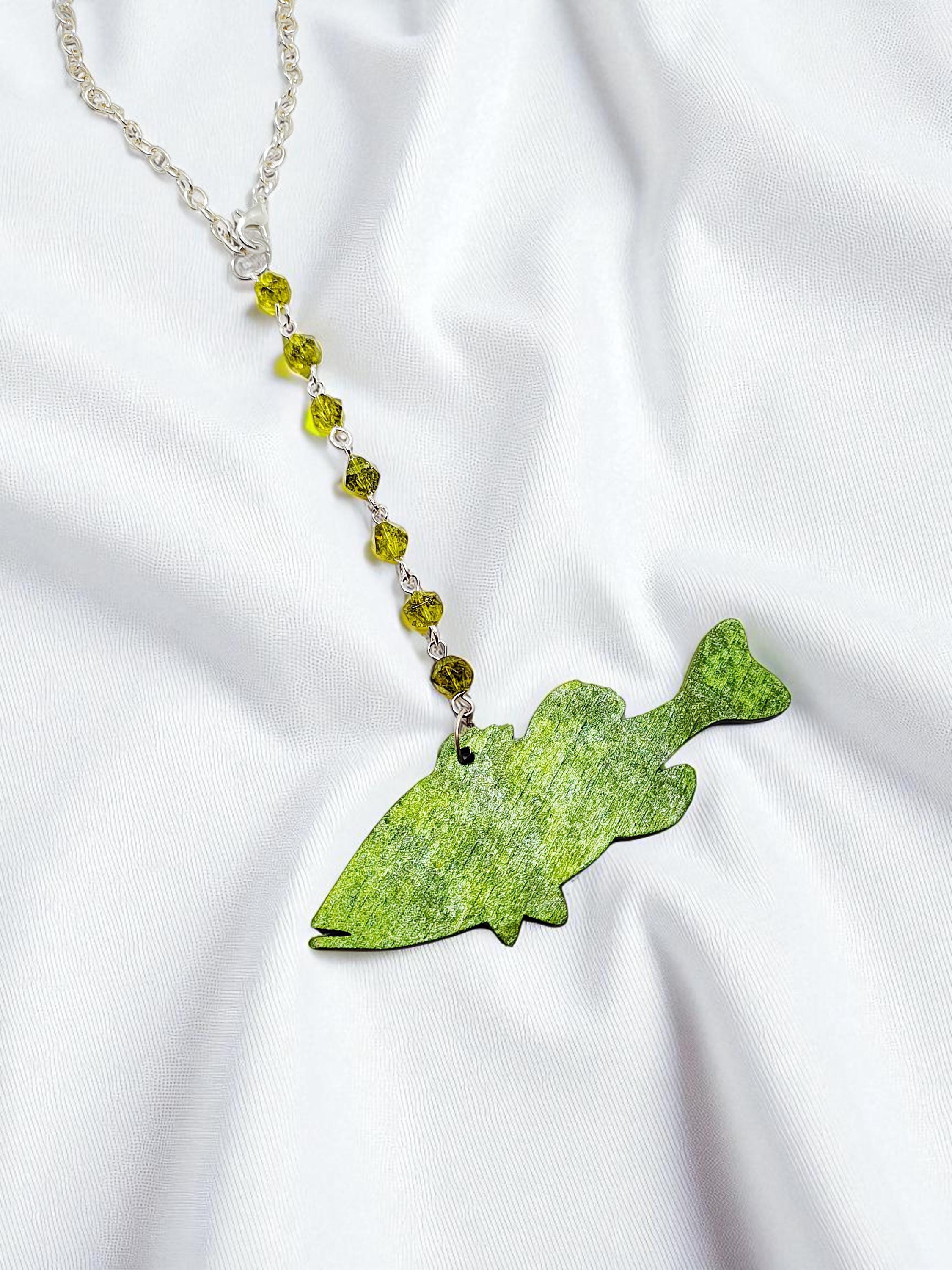 Wooden Bass Fish & Peridot Gemstone Hanging Rear View Mirror Car Charm - Car Decor, Car Accessories, Car Hanger, Fishing Gift for Men - Thumbnail 2