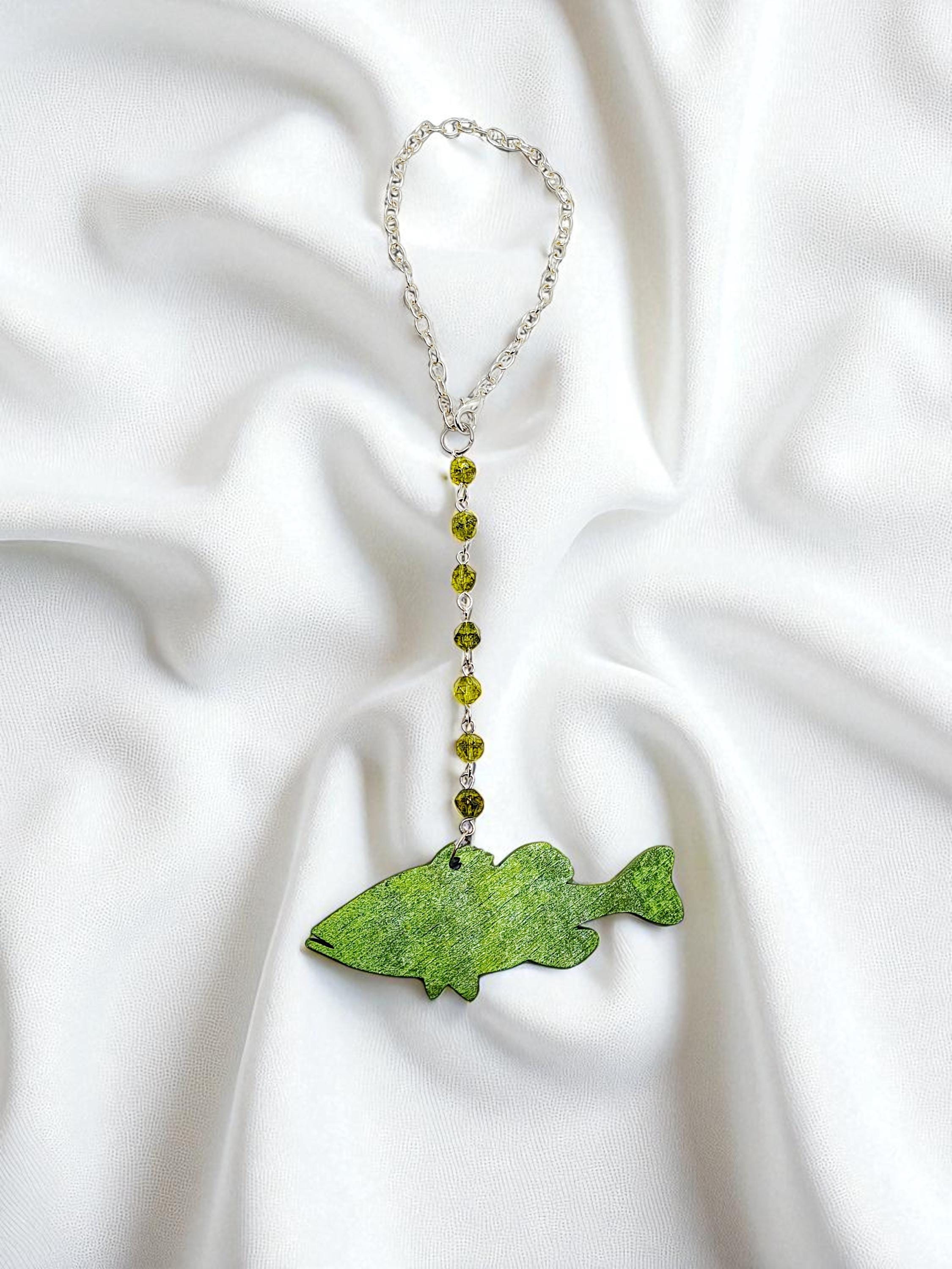 Wooden Bass Fish & Peridot Gemstone Hanging Rear View Mirror Car Charm - Car Decor, Car Accessories, Car Hanger, Fishing Gift for Men - Thumbnail 3