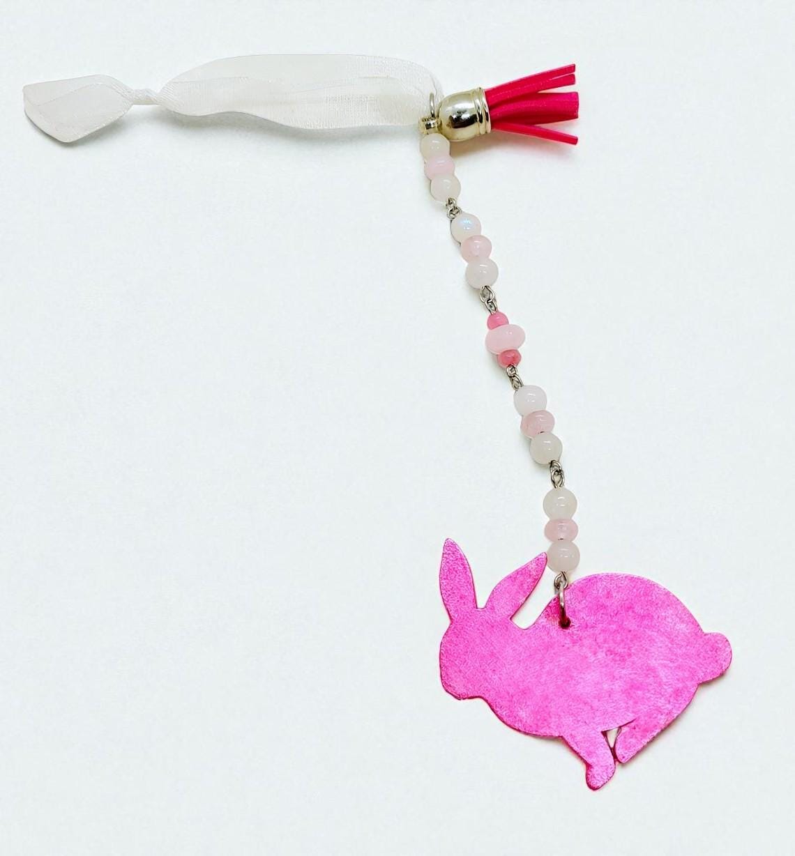 Handmade Pink Bunny Rabbit Beaded Ornament, Whimsical Spring Decor, Outdoor Tree Decoration, Garden Decor, Garden Gnome Decor, Gardener Gift - Thumbnail 2