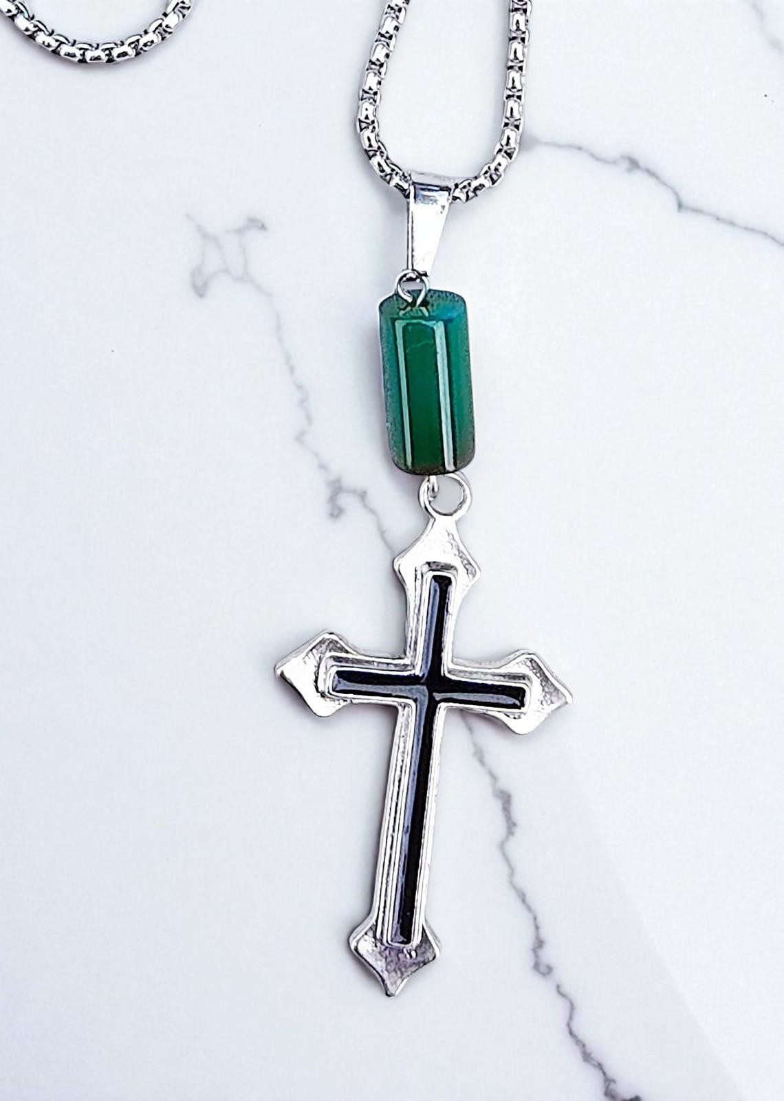 Men's Long Christian Cross Stainless Steel Gemstone Necklace - Religious Jewelry, Gift for Men, Cross Necklace, Pastor Gift, Gift for Him - Thumbnail 3