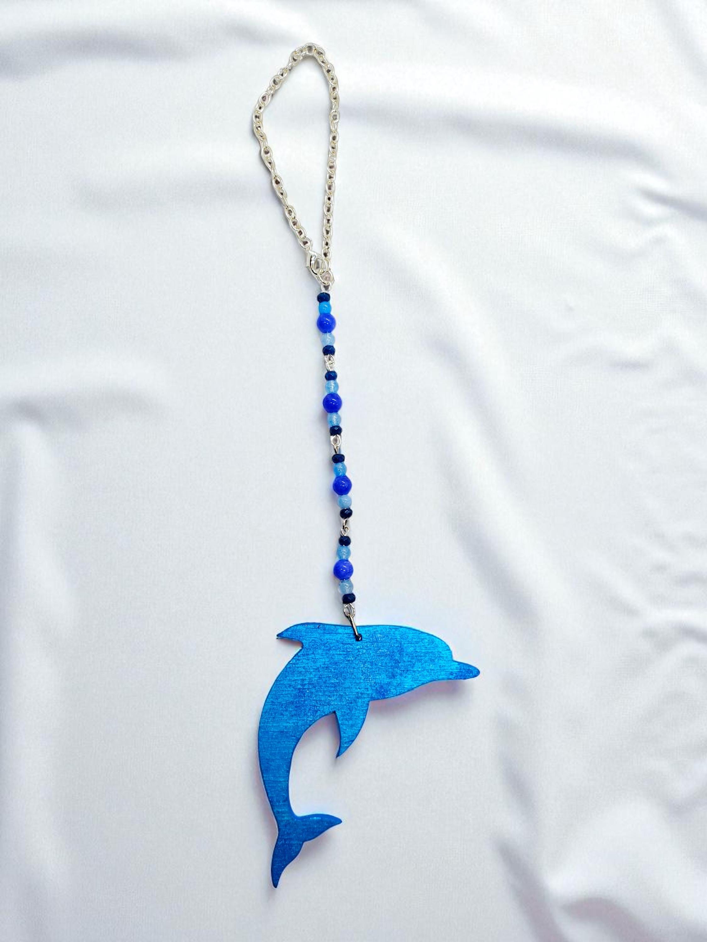 Summer Dolphin Beaded Gemstone Hanging Rearview Mirror Car Charm, Car Decor, Cute Car Accessories, Car Decoration, Car Gifts, Summer Decor - Thumbnail 4