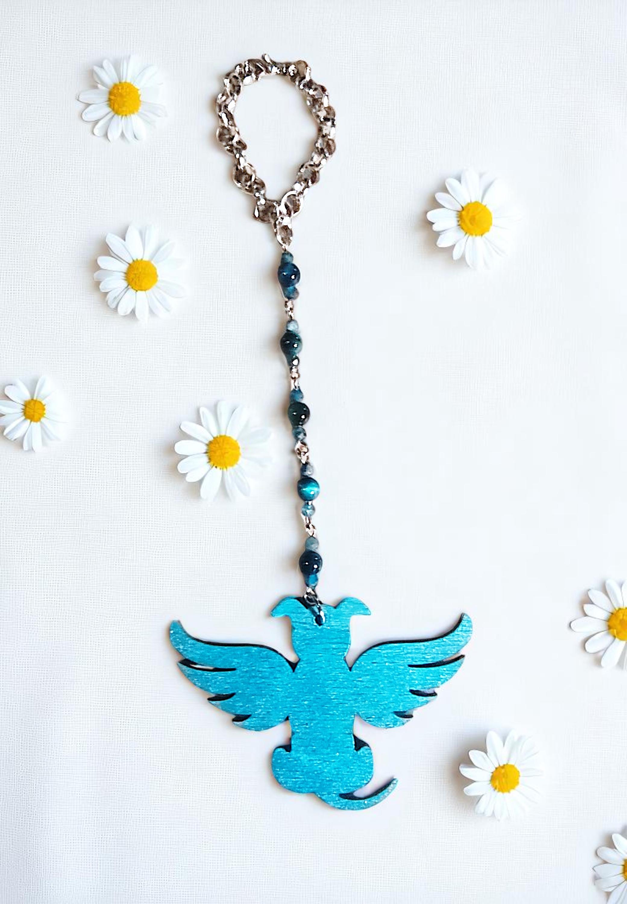 Blue Dog Angel Beaded Gemstone Hanging Rearview Mirror Car Charm, Car Decor, Cute Car Accessories, Car Decoration, Car Gifts, Pet Memorial - Thumbnail 3