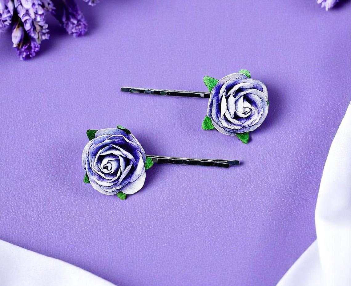 Purple Floral Hair Pin Barrettes, Girls Accessories, Gifts for Girls, Bridesmaid Hair Pins, Flower Hair Barrettes, Cute Hair Clips, Wedding - Thumbnail 2