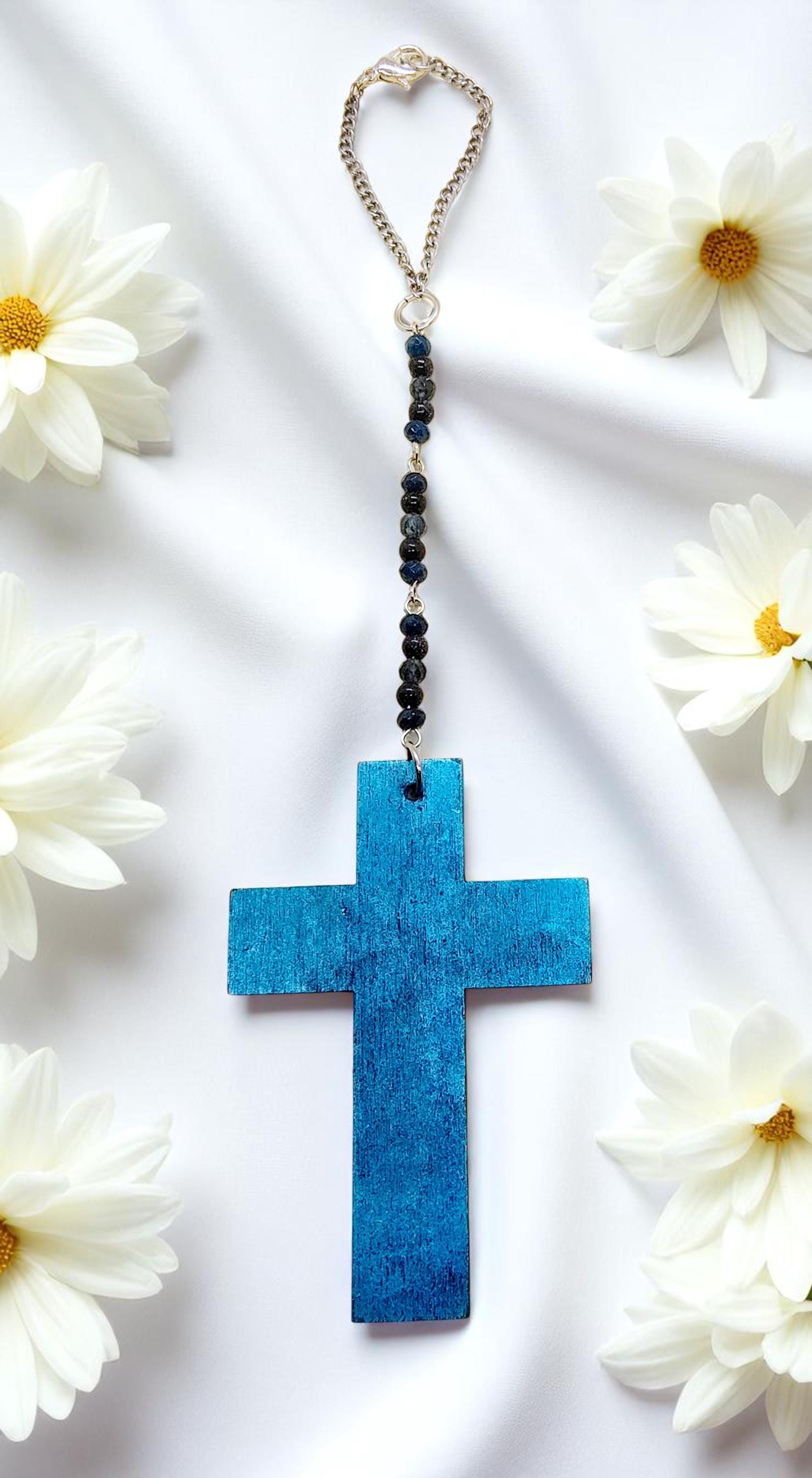 Wooden Blue Christian Cross & Gemstone Hanging Rearview Mirror Car Charm - Car Decor, Cute Car Accessories, Car Decoration, Car Gifts - Thumbnail 5