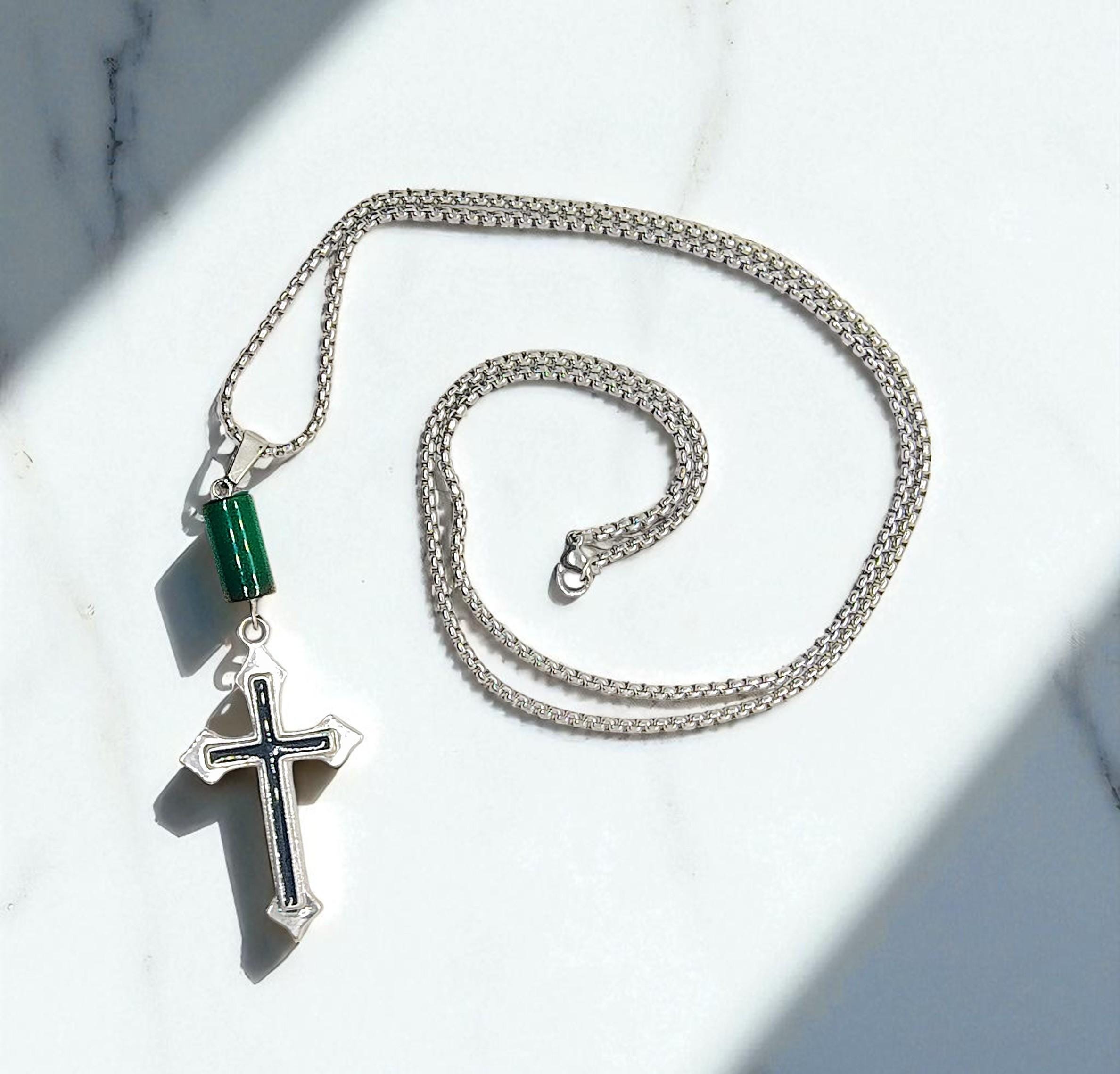 Men's Long Christian Cross Stainless Steel Gemstone Necklace - Religious Jewelry, Gift for Men, Cross Necklace, Pastor Gift, Gift for Him - Thumbnail 5