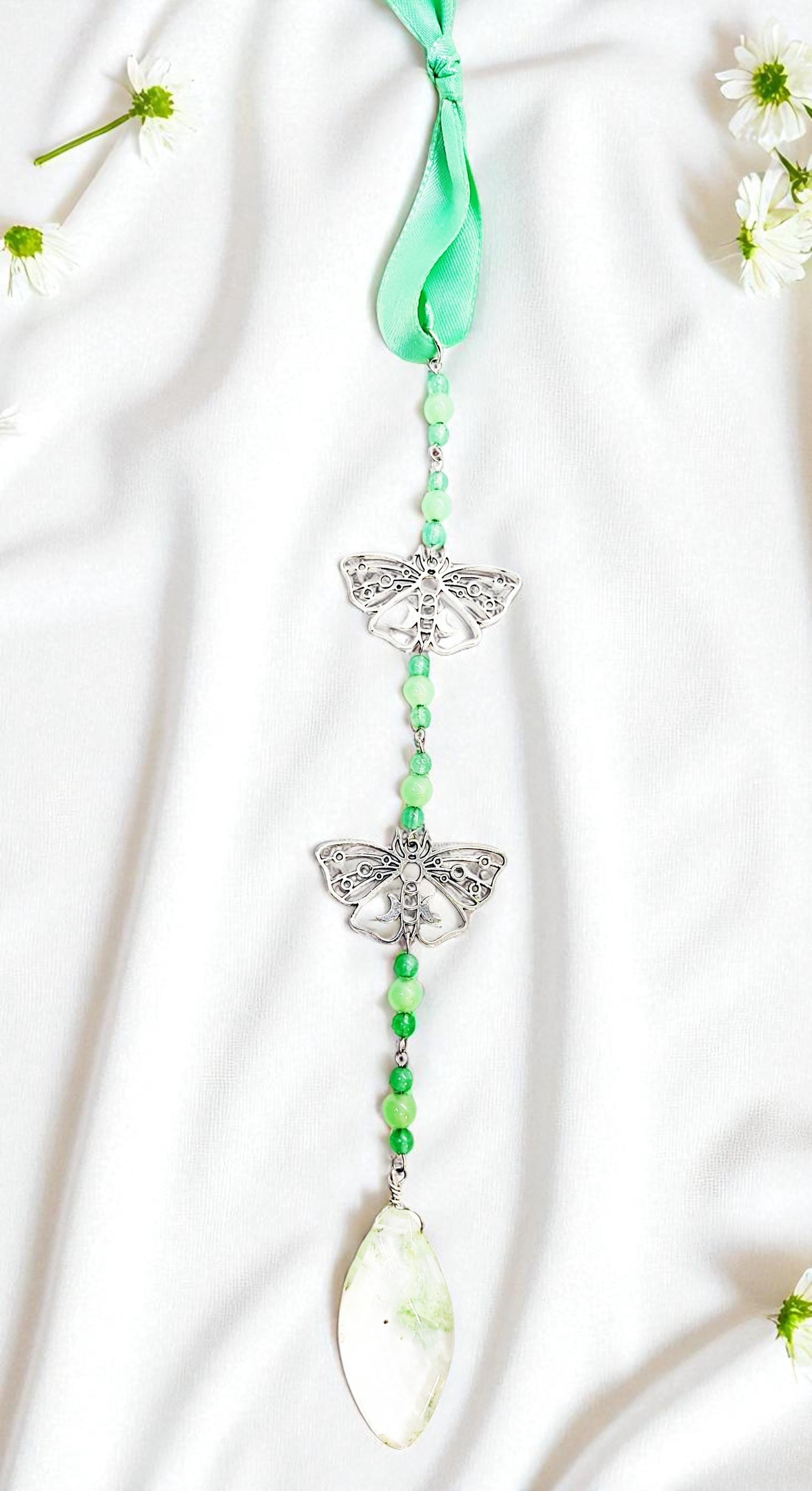 Beaded Green Gem Hanging Crystal Prism Suncatcher, Patio Decor, Garden Decor, Crystal Sun Catcher, Garden Art, Window Prism, Outdoor Decor - Thumbnail 2