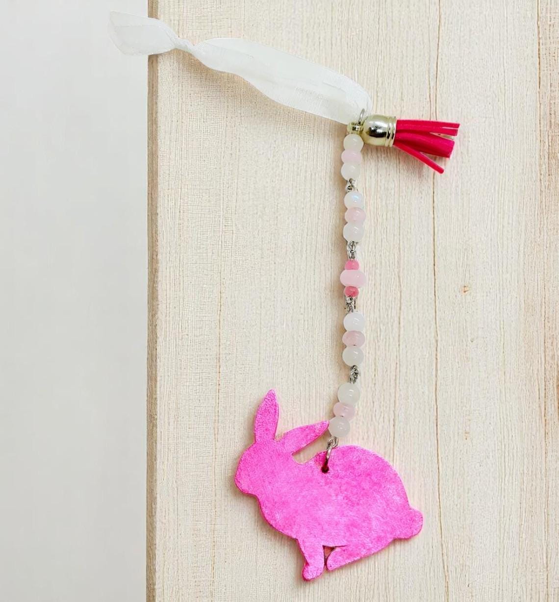 Handmade Pink Bunny Rabbit Beaded Ornament, Whimsical Spring Decor, Outdoor Tree Decoration, Garden Decor, Garden Gnome Decor, Gardener Gift - Thumbnail 4
