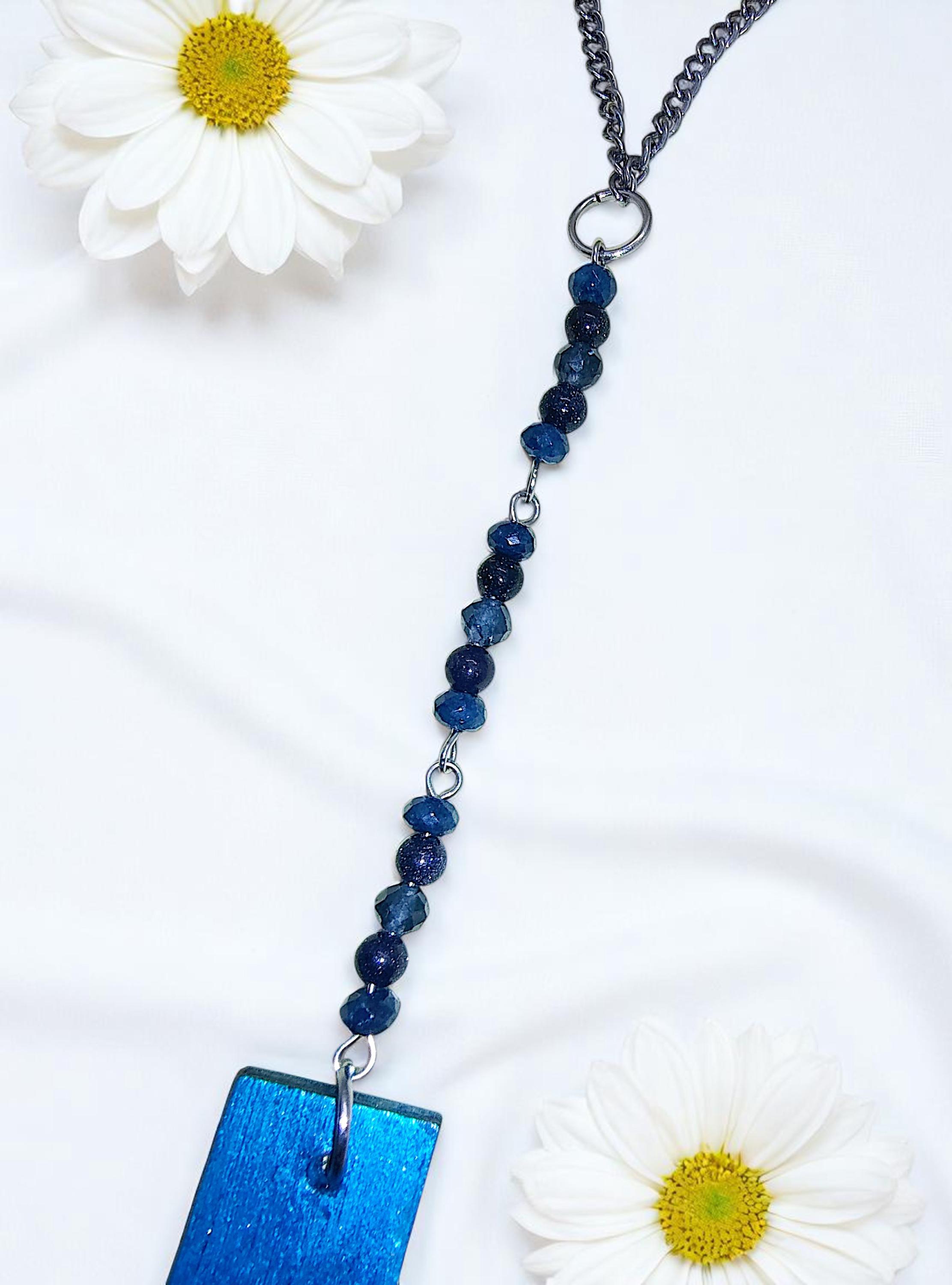 Wooden Blue Christian Cross & Gemstone Hanging Rearview Mirror Car Charm - Car Decor, Cute Car Accessories, Car Decoration, Car Gifts - Thumbnail 2