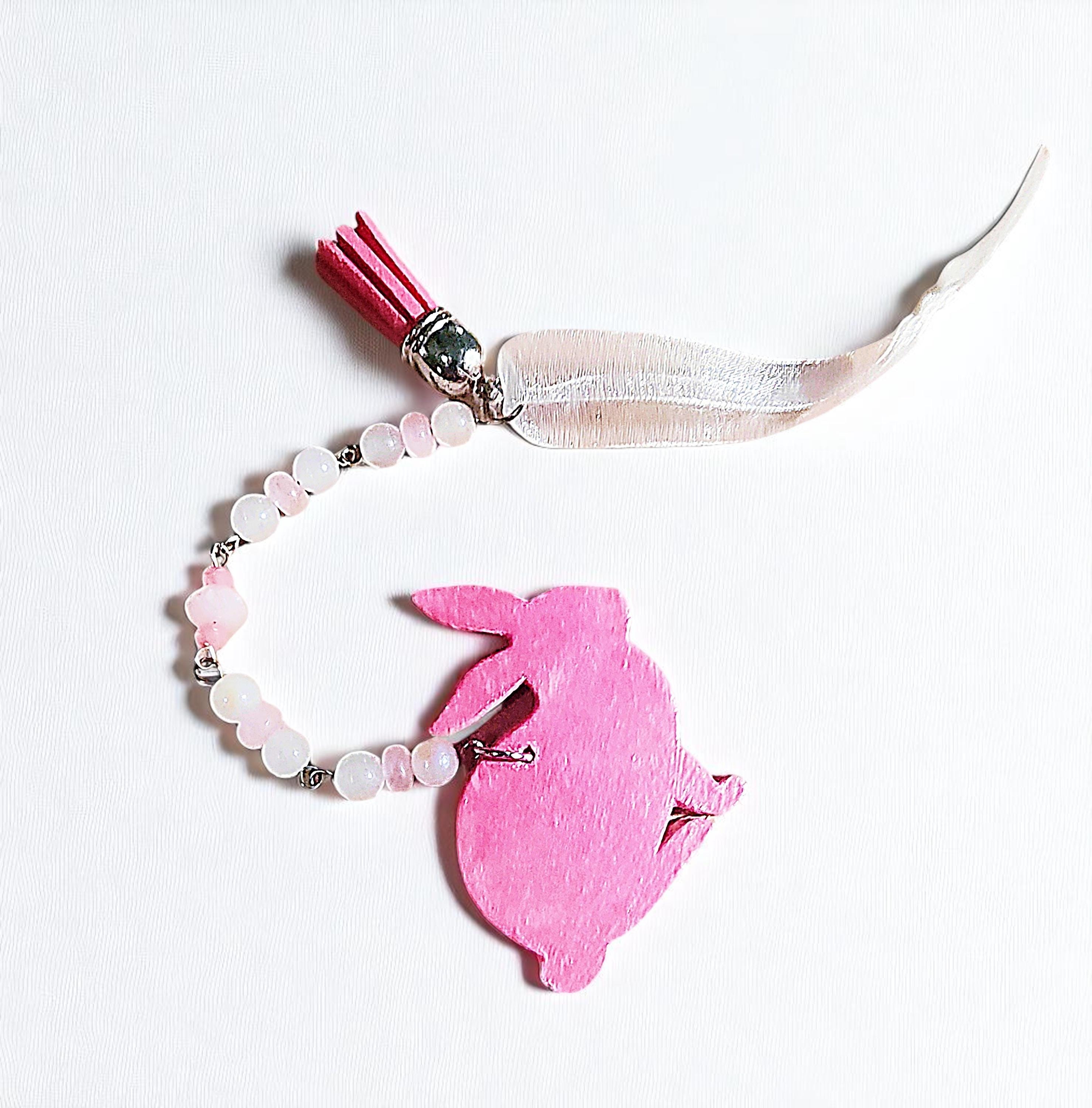 Handmade Pink Bunny Rabbit Beaded Ornament, Whimsical Spring Decor, Outdoor Tree Decoration, Garden Decor, Garden Gnome Decor, Gardener Gift