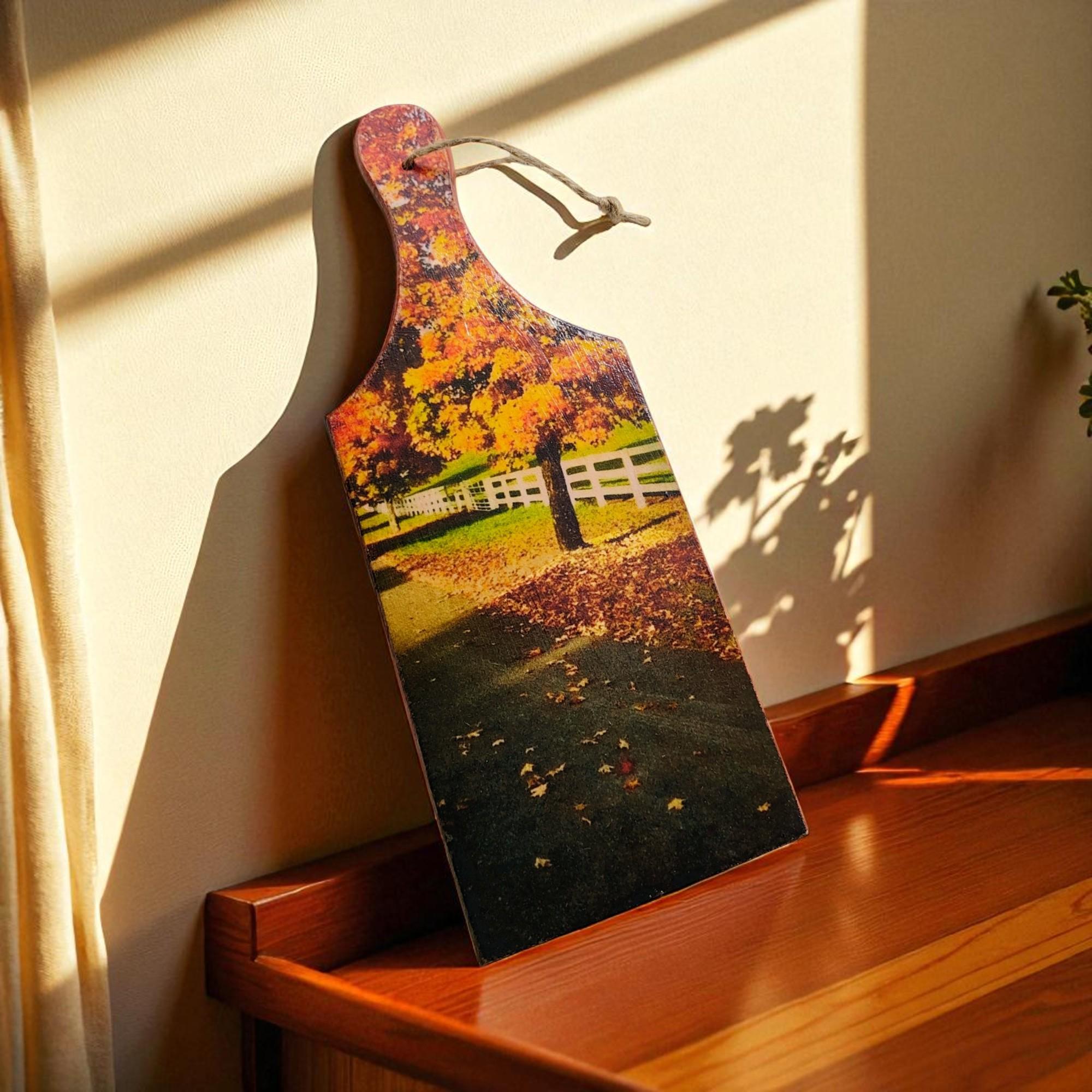 Small Wooden Autumn Scene Cutting Board - Fall Kitchen Decor, Decorative Cutting Board, Housewarming Gift, Seasonal Home Decor, Charcuterie - Thumbnail 3