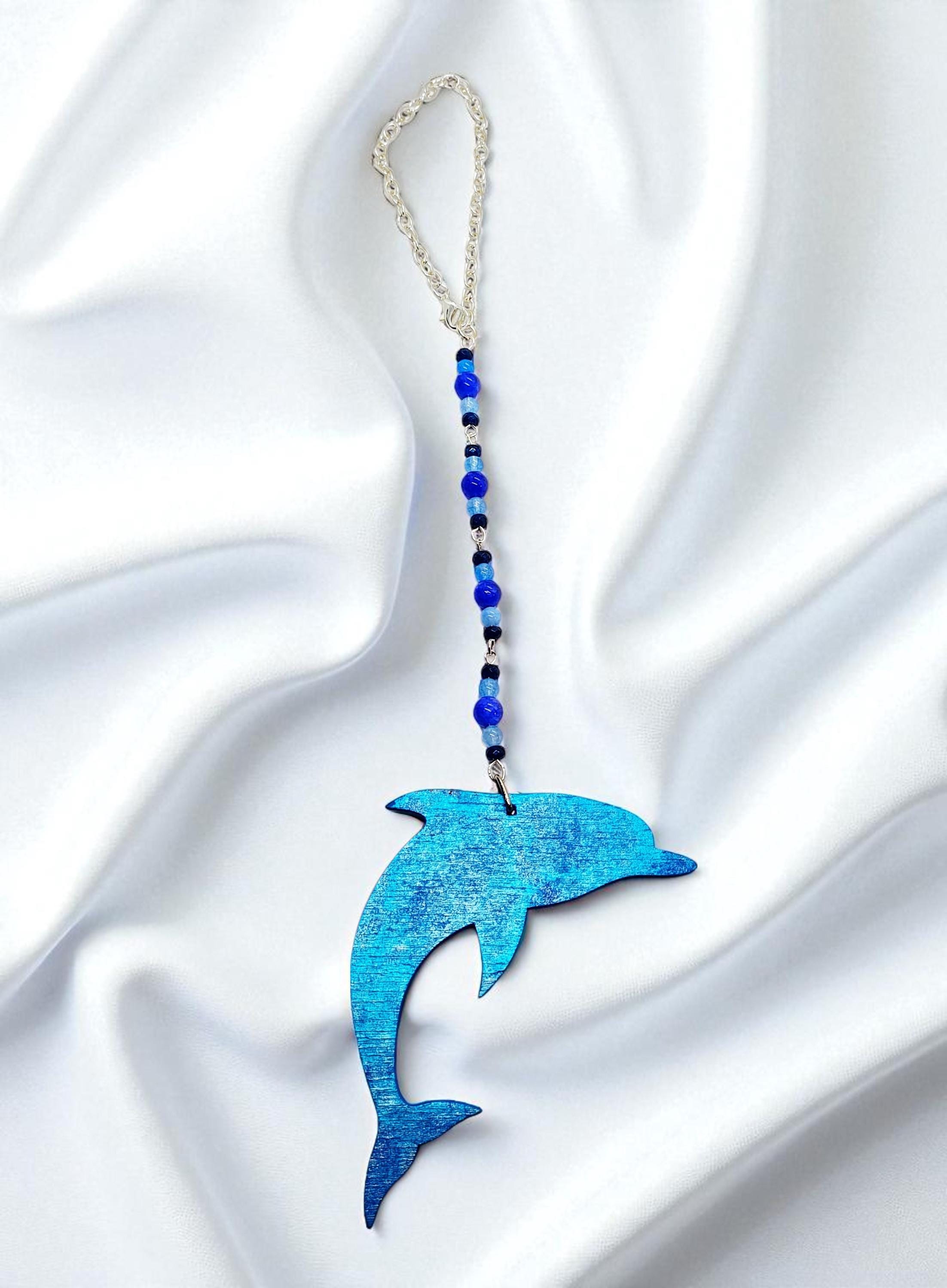 Summer Dolphin Beaded Gemstone Hanging Rearview Mirror Car Charm, Car Decor, Cute Car Accessories, Car Decoration, Car Gifts, Summer Decor - Thumbnail 2