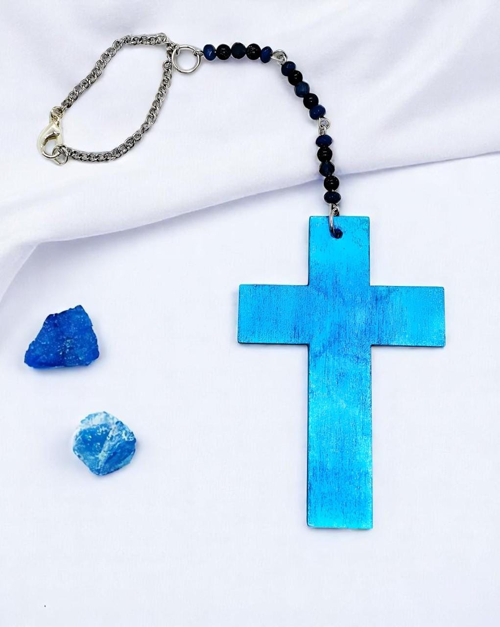 Wooden Blue Christian Cross & Gemstone Hanging Rearview Mirror Car Charm - Car Decor, Cute Car Accessories, Car Decoration, Car Gifts