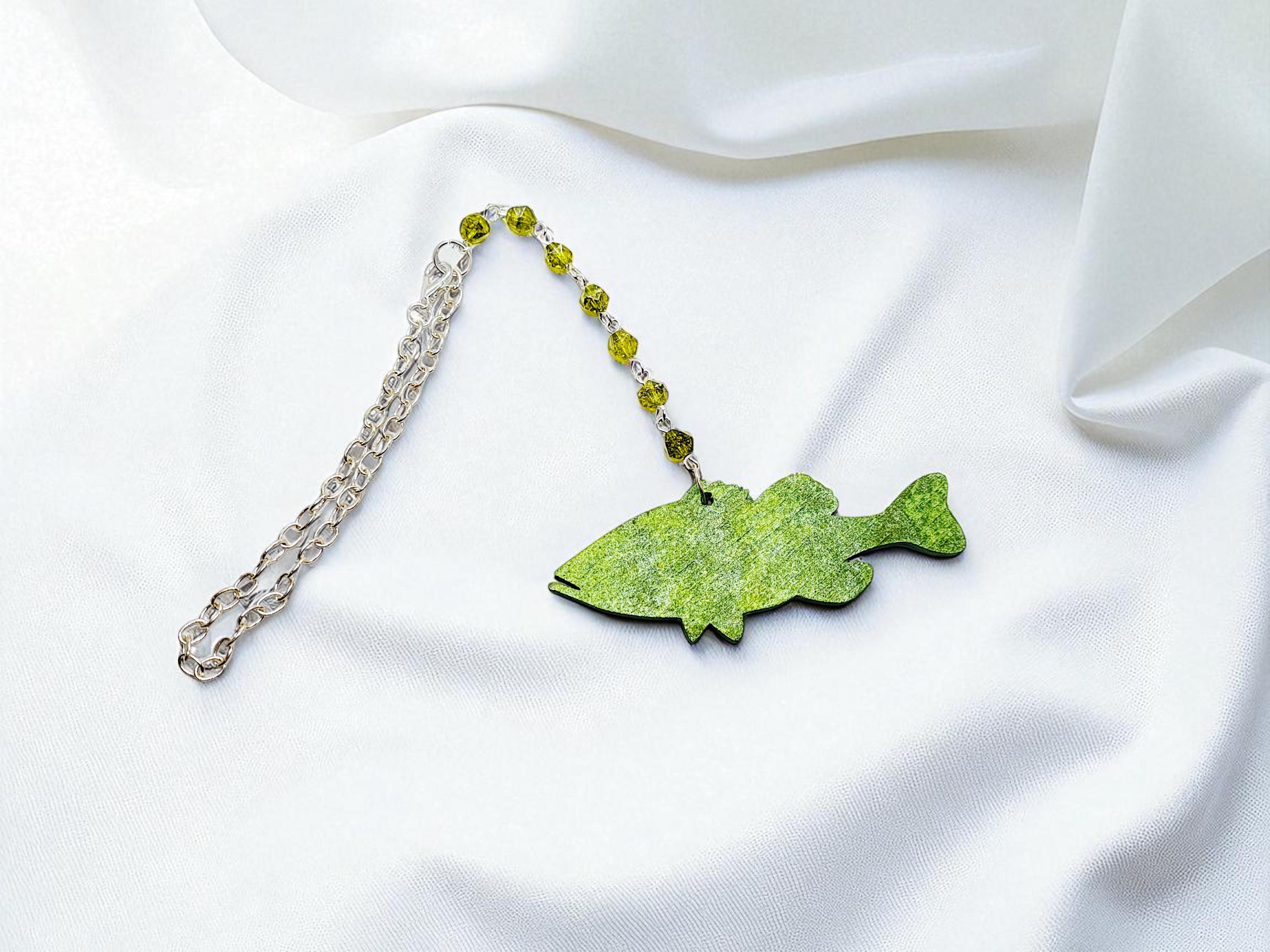 Wooden Bass Fish & Peridot Gemstone Hanging Rear View Mirror Car Charm - Car Decor, Car Accessories, Car Hanger, Fishing Gift for Men