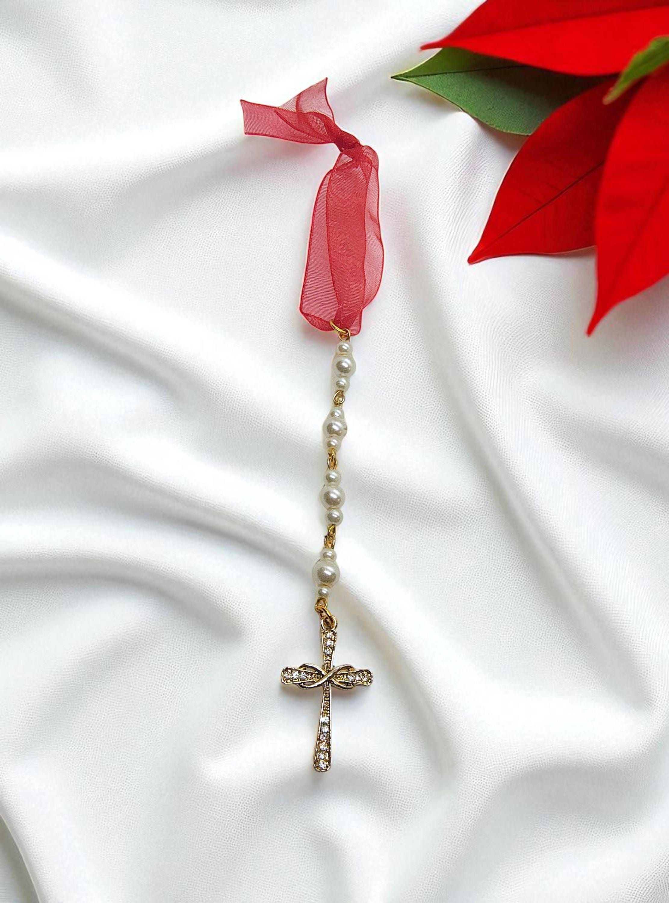 Christian Cross Pearl Beaded Icicle Ornament, Christian Gifts, Religious Gift, Handmade Christmas Ornament, Pastor Gift, Baptism Gift