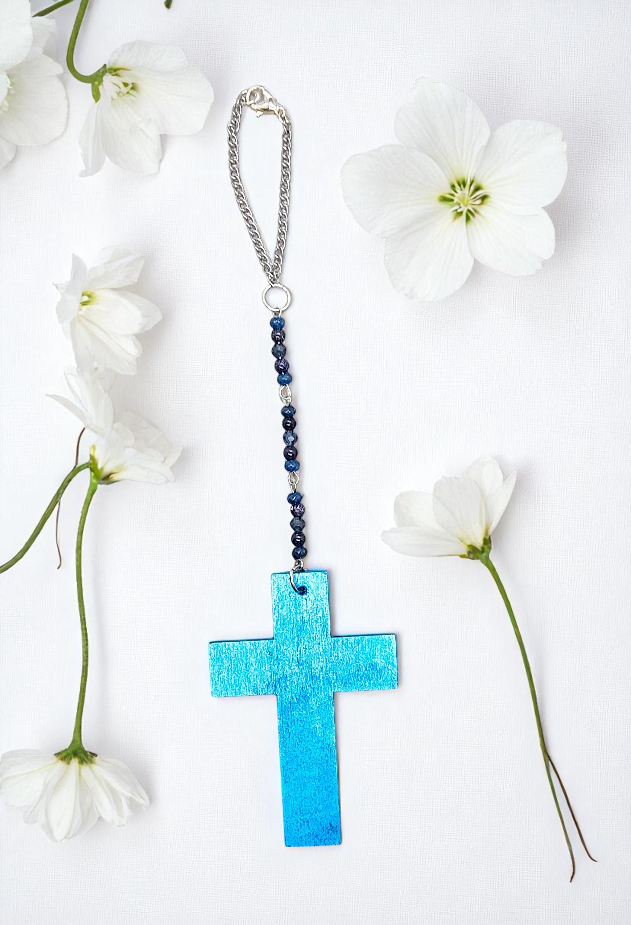 Wooden Blue Christian Cross & Gemstone Hanging Rearview Mirror Car Charm - Car Decor, Cute Car Accessories, Car Decoration, Car Gifts - Thumbnail 4