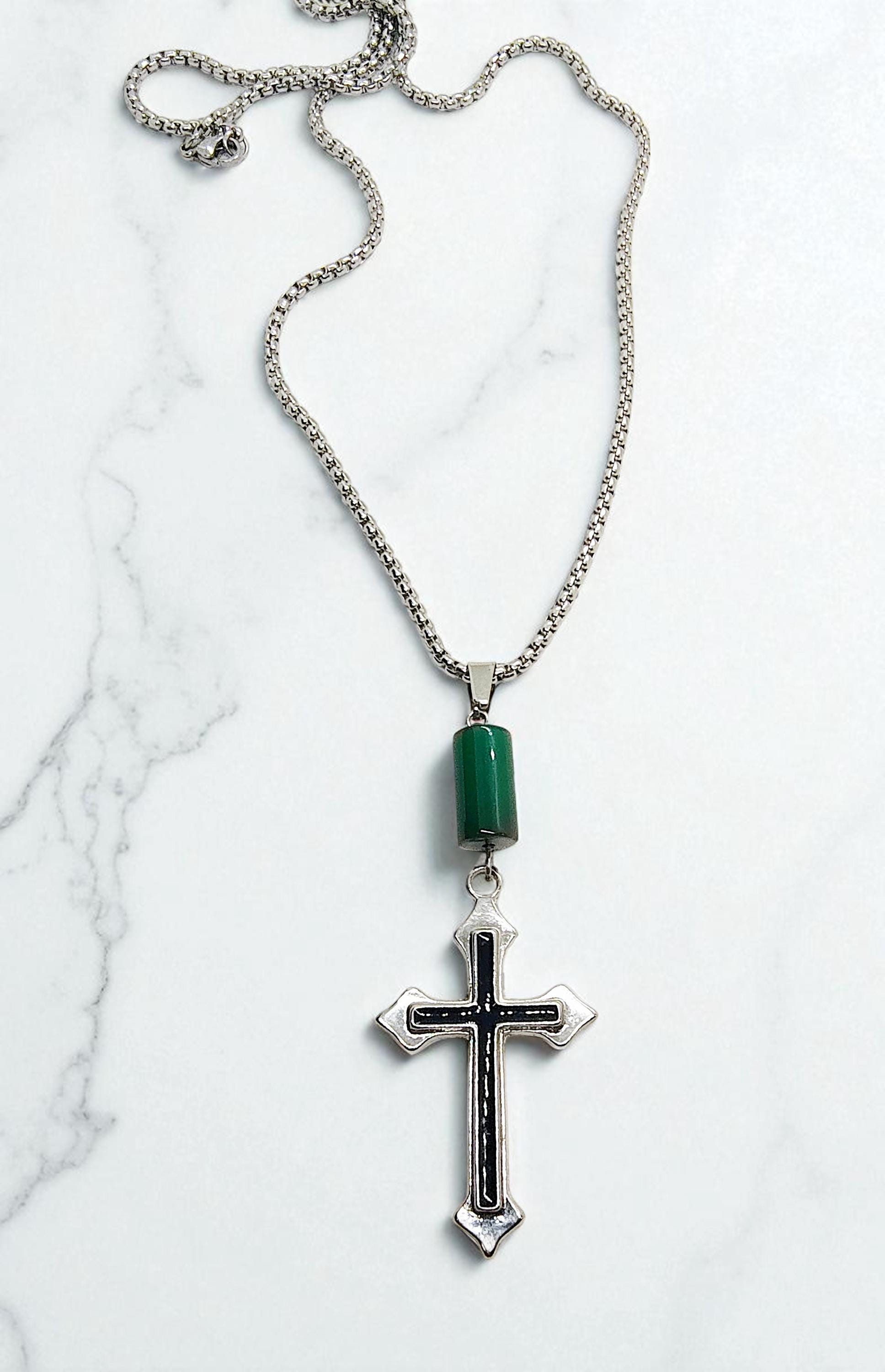 Men's Long Christian Cross Stainless Steel Gemstone Necklace - Religious Jewelry, Gift for Men, Cross Necklace, Pastor Gift, Gift for Him