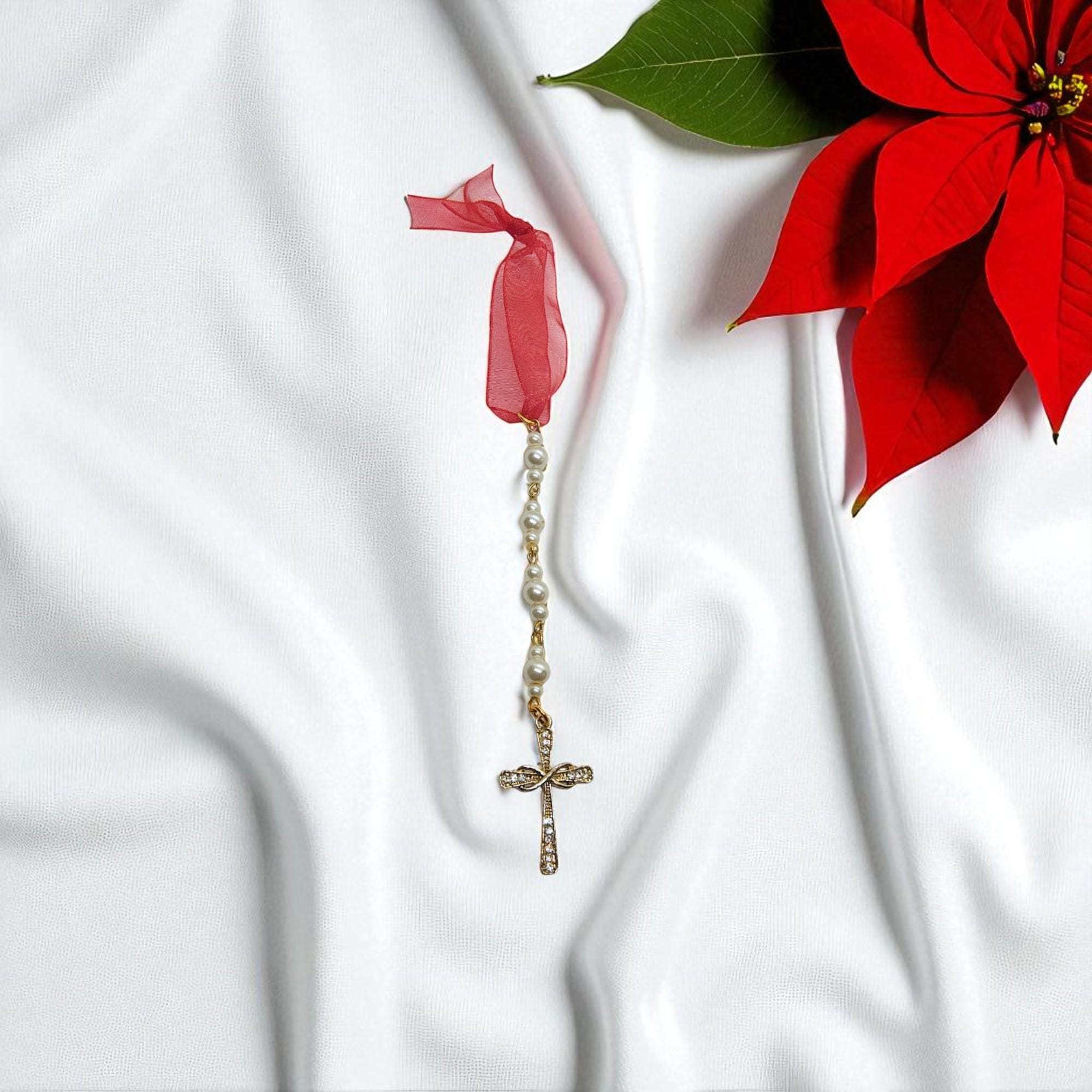 Christian Cross Pearl Beaded Icicle Ornament, Christian Gifts, Religious Gift, Handmade Christmas Ornament, Pastor Gift, Baptism Gift - Thumbnail 3