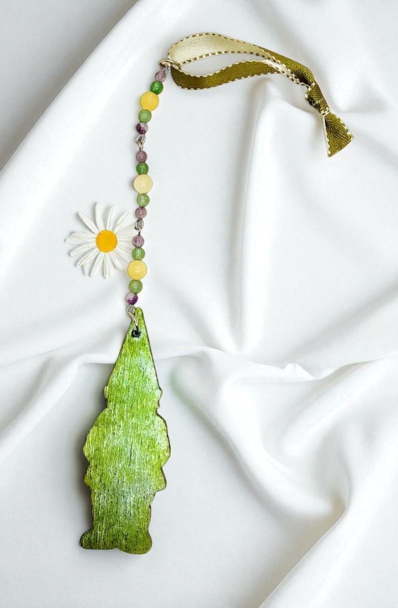 Handcrafted Gemstone Beaded Gnome Ornament, Whimsical Spring Decor, Outdoor Tree Decoration, Garden Decor, Garden Gnome Decor, Gardener Gift - Thumbnail 6