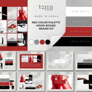 May include: A mood board for a brand kit with a red color palette. The board includes images of a red dress, a red flower, a mountain, and a hand reaching out. The color palette includes pure white, cool gray, vibrant red, and deep black.
