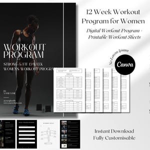 Könnte beinhalten: Ein digitales 12-Wochen-Workout-Programm für Frauen mit ausdruckbaren Blättern. Das Cover zeigt eine Person in Sportkleidung mit dem Text "WORKOUT PROGRAM" und "STRONG & FIT 12-WEEK WOMENS WORKOUT PROGRAM". Enthält "Instant Download".