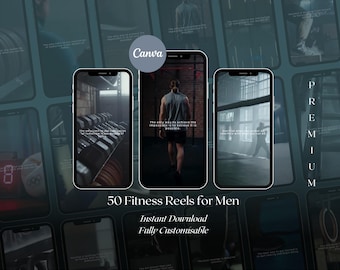 50 Fitness Reels for Men: Gym Motivation Videos (Canva, Digital Download)