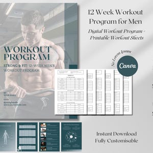 May include: A digital workout program for men, featuring a 12-week plan with printable workout sheets. The cover image shows a man lifting weights in a gym. The program is available for instant download and is fully customizable.