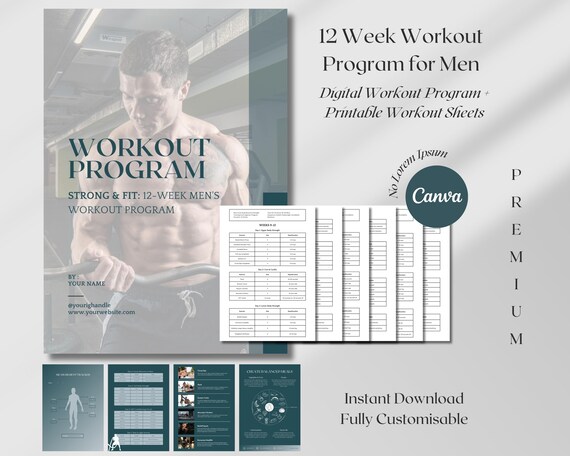 Customizable 12-Week Workout Program for Men: Gym & Fitness (Canva, Digital Download)