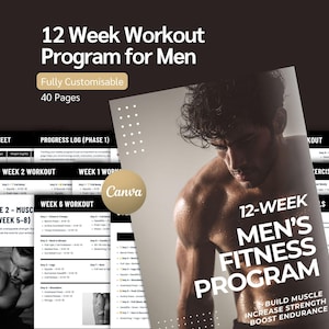 May include: A fitness program cover with the text "12 Week Workout Program for Men" and "12-Week Men's Fitness Program". The program promises to build muscle, increase strength, and boost endurance. The image includes workout sheets and a muscular man.