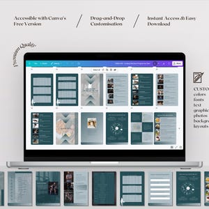 Peut inclure: Un &eacute;cran d'ordinateur portable affichant un programme d'entra&icirc;nement num&eacute;rique avec un sch&eacute;ma de couleurs vert et gris. Le programme comprend une vari&eacute;t&eacute; de routines d'entra&icirc;nement, de plans de repas et d'autres ressources de mise en forme. L'&eacute;cran affiche &eacute;galement un design personnalisable avec des options de couleurs, de polices, de texte, de graphiques, de photos, d'arri&egrave;re-plans et de mises en page.