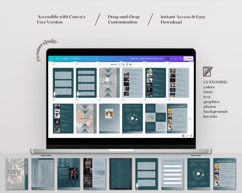 Peut inclure: Un &eacute;cran d'ordinateur portable affichant un programme d'entra&icirc;nement num&eacute;rique avec un sch&eacute;ma de couleurs vert et gris. Le programme comprend une vari&eacute;t&eacute; de routines d'entra&icirc;nement, de plans de repas et d'autres ressources de mise en forme. L'&eacute;cran affiche &eacute;galement un design personnalisable avec des options de couleurs, de polices, de texte, de graphiques, de photos, d'arri&egrave;re-plans et de mises en page.
