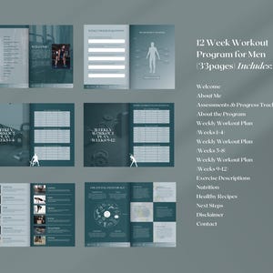 May include: A 12-week workout program for men, with 33 pages of content. The program includes a welcome section, information about the program, weekly workout plans, exercise descriptions, nutrition tips, healthy recipes, next steps, a disclaimer, and contact information.