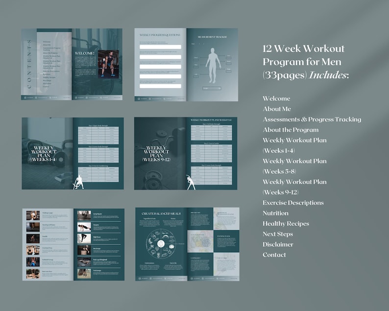 May include: A 12-week workout program for men, with 33 pages of content. The program includes a welcome section, information about the program, weekly workout plans, exercise descriptions, nutrition tips, healthy recipes, next steps, a disclaimer, and contact information.