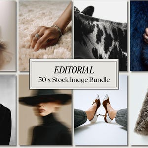 May include: A collection of editorial stock images. The images include a woman in a blurred pose, a hand with jewelry, a black and white cowhide, a person holding a phone, a woman with a braid, a woman in a hat, and high heels.