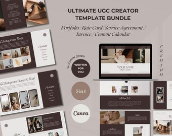 Paquete de plantillas para crear contenido generado por usuarios (CGU): portafolio, hoja de tarifas y acuerdo (Canva)