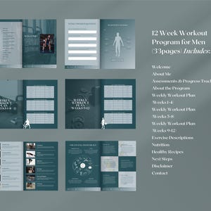 Peut inclure: Un programme d'entra&icirc;nement de 12 semaines pour les hommes, comprenant 33 pages de contenu. Le programme comprend une section d'accueil, &agrave; propos de moi, des &eacute;valuations et un suivi des progr&egrave;s, &agrave; propos du programme, des plans d'entra&icirc;nement hebdomadaires pour les semaines 1 &agrave; 4, 5 &agrave; 8 et 9 &agrave; 12, des descriptions des exercices, la nutrition, des recettes saines, les prochaines &eacute;tapes, une clause de non-responsabilit&eacute; et des coordonn&eacute;es.