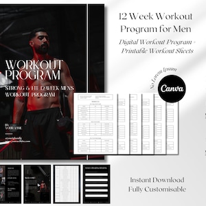 Peut inclure: Un programme d'entraînement numérique avec des feuilles d'entraînement imprimables. La couverture présente une personne musclée tenant un haltère, avec le texte "WORKOUT PROGRAM" et "STRONG & FIT 12-WEEK MENS WORKOUT PROGRAM". Le texte supplémentaire comprend "12 Week Workout Program for Men".