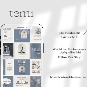 Peut inclure: Un &eacute;cran de t&eacute;l&eacute;phone affichant une grille de neuf publications Instagram avec un sch&eacute;ma de couleurs bleu et blanc. Les publications pr&eacute;sentent des images et du texte li&eacute;s au yoga, notamment les mots "Yoga Class", "New", "Yoga Session" et "Yoga Day". Le texte "temi" appara&icirc;t en haut de l'&eacute;cran. Le texte "Like this design? Favourite it" appara&icirc;t &agrave; droite de l'&eacute;cran. Le texte "Would you like to see more designs like this? Follow Our Shop :)" appara&icirc;t sous le texte "Favourite it". Le texte "https://temitemplatesshop.etsy.com" appara&icirc;t en bas de l'&eacute;cran.