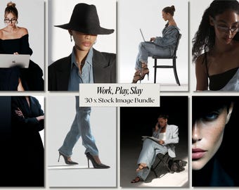 Può includere: Una collezione di otto immagini che presentano diverse persone in varie pose. Le immagini mostrano una gamma di abiti, tra cui denim, blazer e cappelli. Il testo "Work, Play, Slay" e "30 x Stock Image Bundle" è visibile.