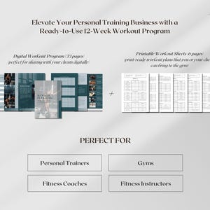 May include: A digital and printable 12-week workout program for personal trainers, fitness coaches, gyms, and fitness instructors. The program includes 33 pages of digital workouts and 6 pages of printable workout sheets.