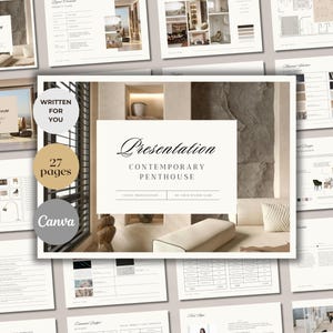 Op de afbeelding: Een presentatie sjabloon voor een modern penthouse met 27 pagina's. Het sjabloon is voor u geschreven en bevat een woonkamer, eetkamer en slaapkamer. Het sjabloon is ontworpen in Canva.