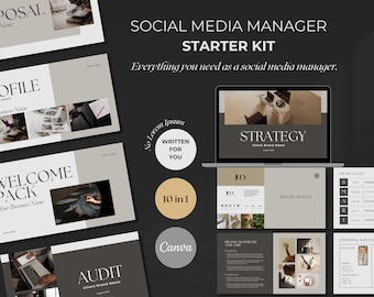 Puede incluir: Un kit de inicio para gerente de redes sociales con una plantilla de Canva, un documento de estrategia, un paquete de bienvenida, una plantilla de perfil, un documento de estética y vibra de marca, un documento de activos de marca, un documento de objetivos inteligentes, un documento de auditoría y un documento social existente. El kit está diseñado para ayudar a los gerentes de redes sociales a crear y administrar las cuentas de redes sociales de sus clientes.
